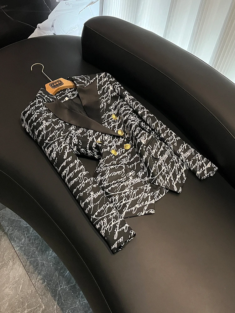 

Весна 2026: Модный женский пиджак-пальто с принтом-алфавитом, приталенный, двубортный, с длинными рукавами, для повседневной носки