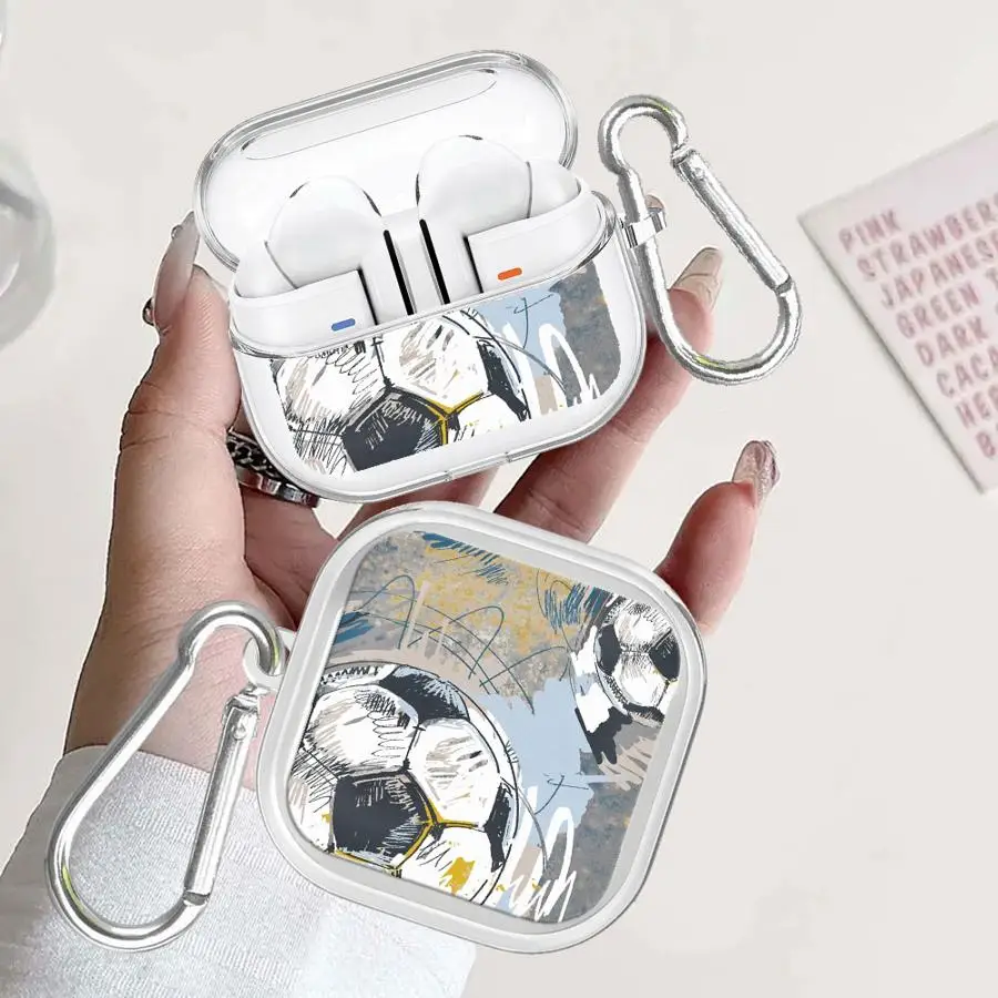 Case For Samsung Galaxy Buds 3Pro 3 FE 4 Pro 2 2Pro 4Pro Live Clear Earphone Cases Cover With Hook Cartoon Football
