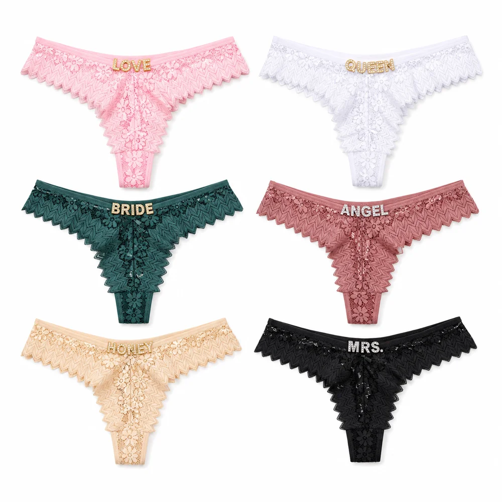 Custom Crystal Letter Lace Thong Panties for Women Personalized Name Underwear Gold Silver Rhinestone Gift Multiple Colors