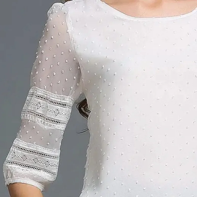 Womens Tops Fashion  Blouse Half Sleeve Chiffon Shirts Lace Stitching