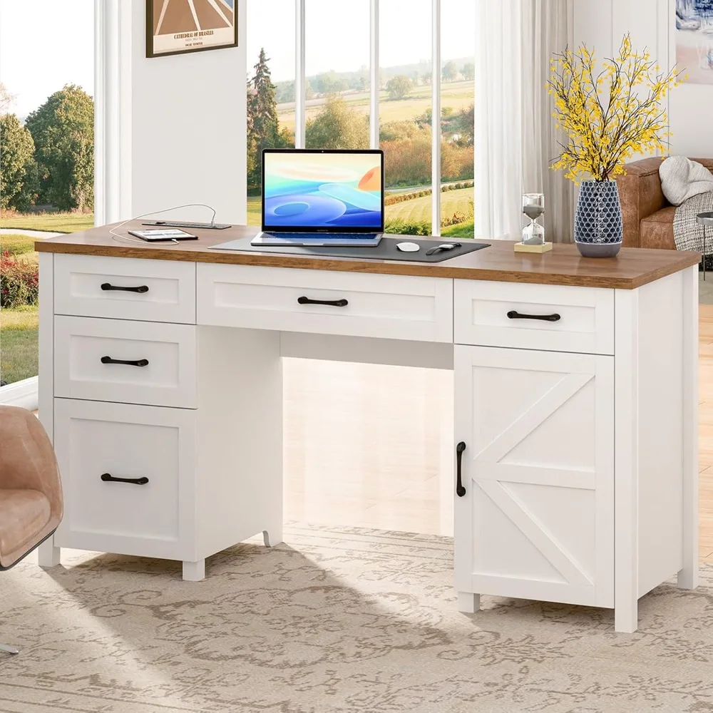 

Farmhouse 61'' Executive Desk with 5 Drawers, Rustic Office Desk Computer Desk with Charging Station, File Drawers