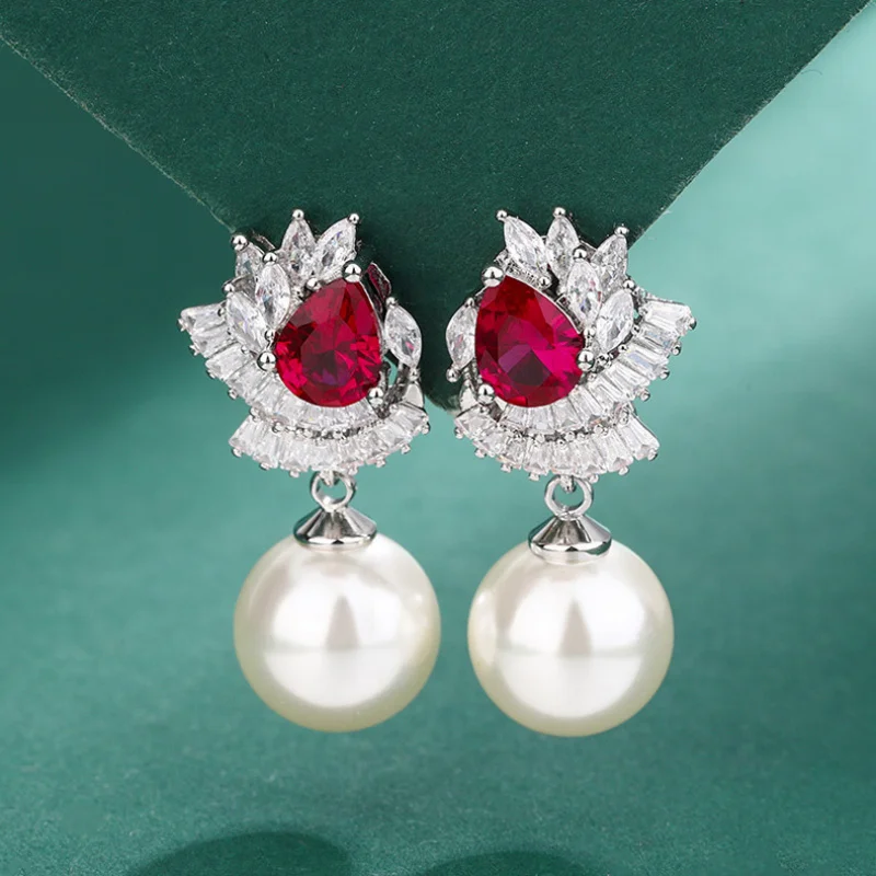 High-end Inlaid Zircon Studs European and American Natural Pearl Earrings with Silver Posts