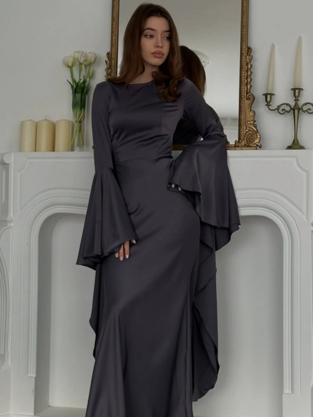 Simple Big Swing Sleeves Evening Dress Elegant Chiffon Straight Modest Kaftan Prom Gown Customized Arabic Casual Party Robe