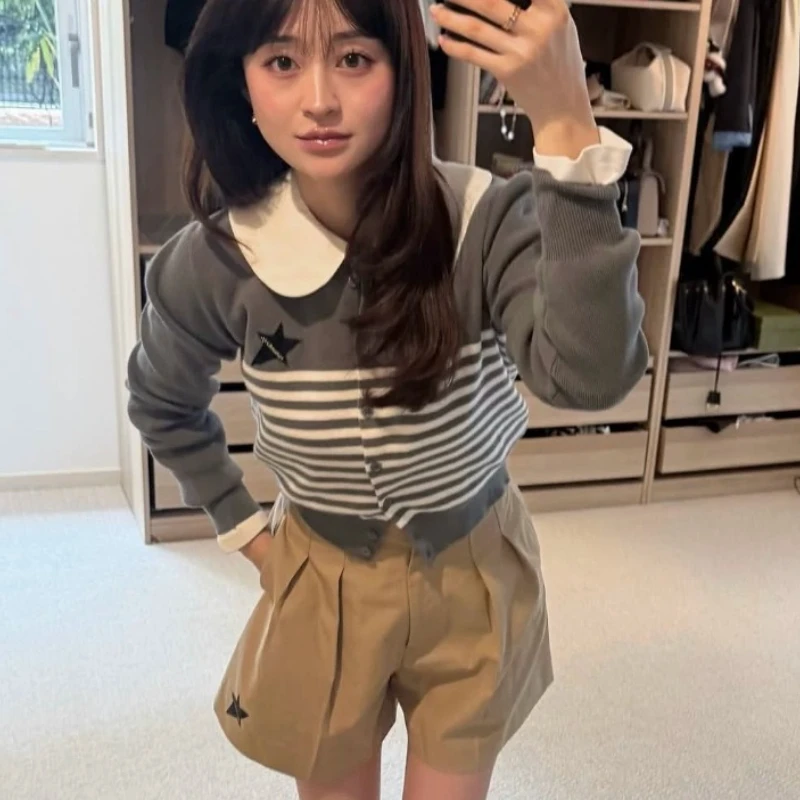 Japanese Style New Autumn Women's Removable Collar Gray Stripes Knitted Cardigan Female Casual Sweaters