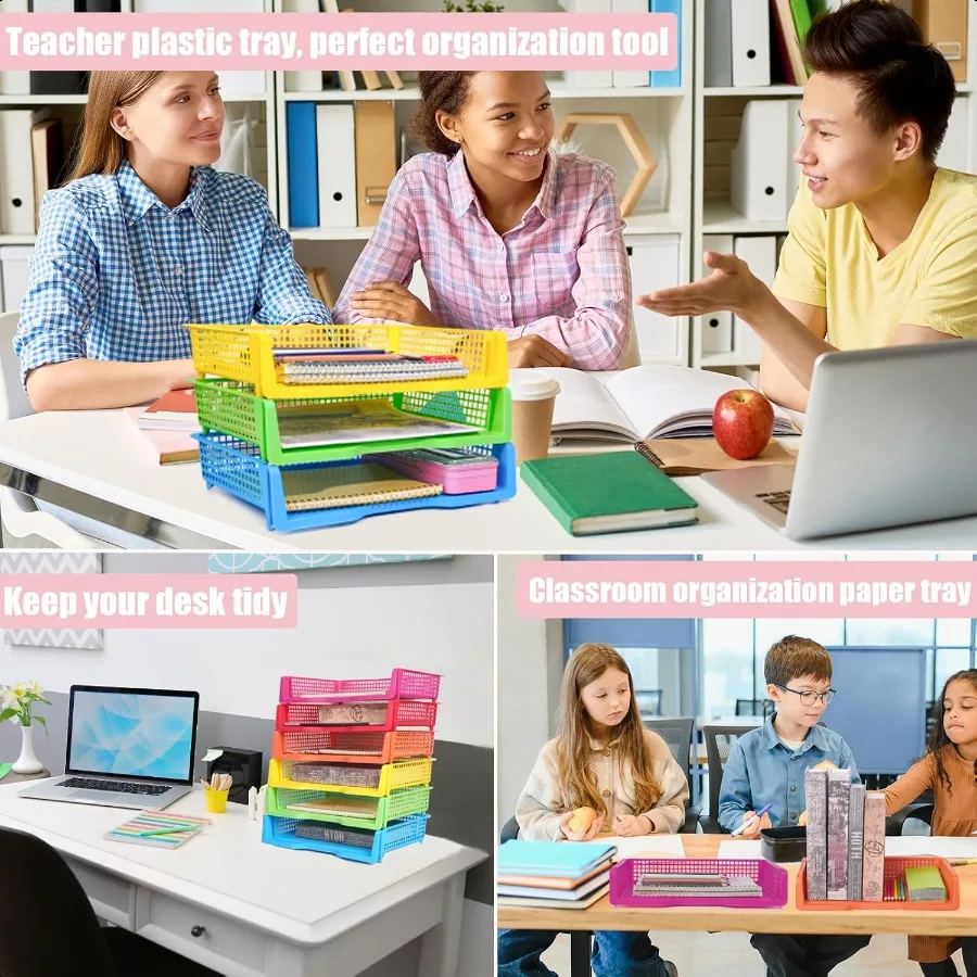 ZZYFGH Confezione da 6 vassoi per insegnanti Organizzatori di carta in plastica per aula Cestini portaoggetti colorati per ufficio impilabili Des