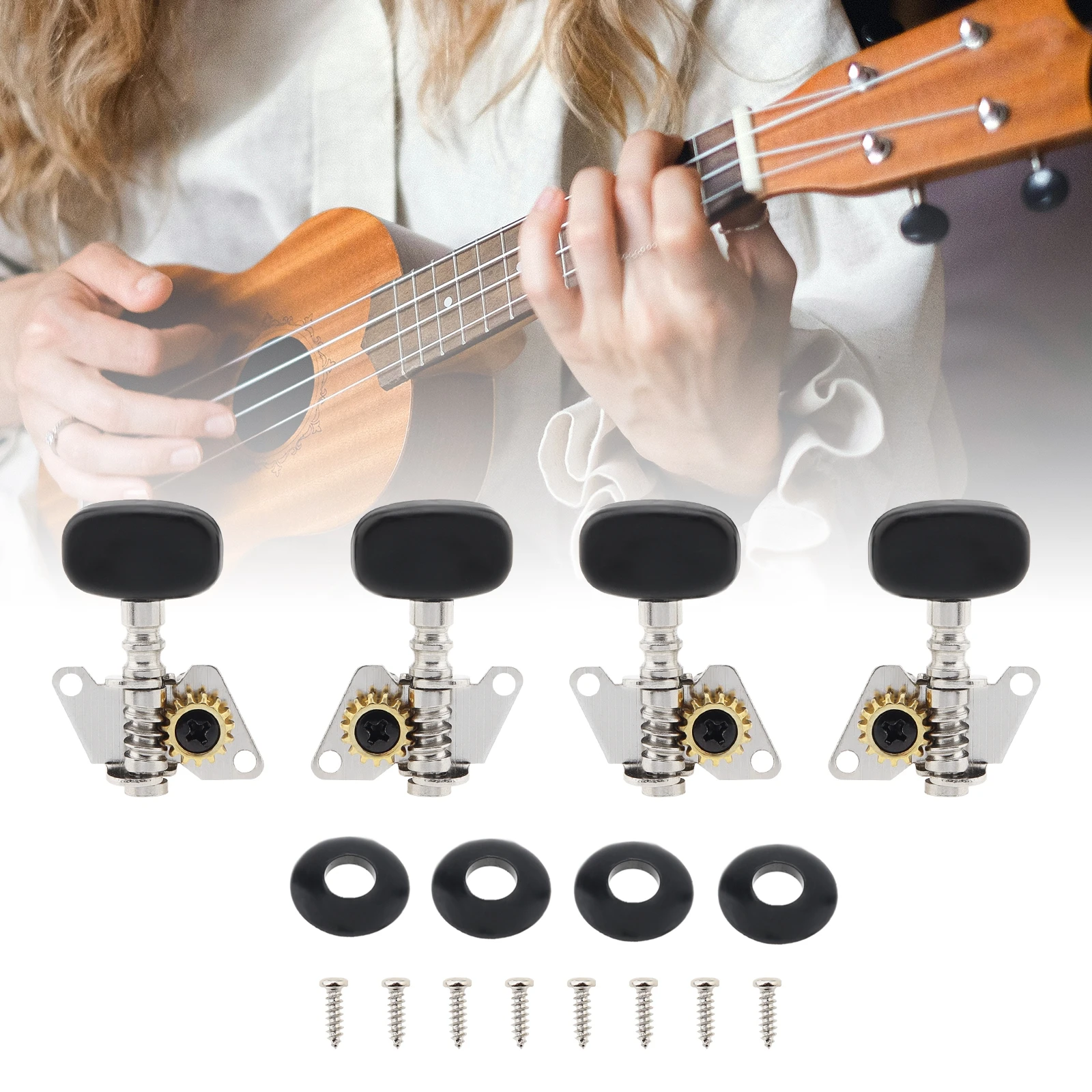 4 Stück Ukulele Schwarz Stimmwirbel 2R+2L Stahl Mechaniken Mechaniken für 21/23/26 Zoll Ukulelen – Detail 1