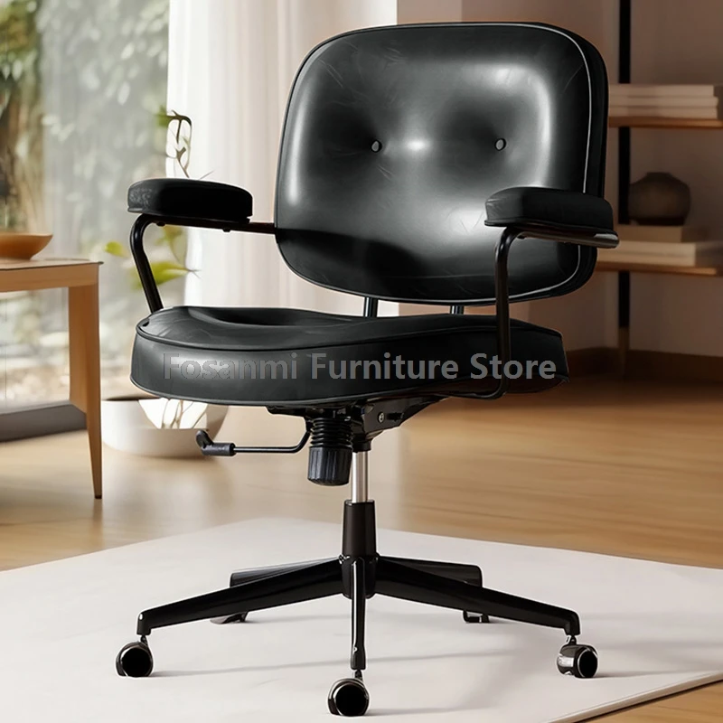 เก้าอี้โต๊ะหนังกลางหลังพร้อมที่เท้าแขนเบาะเก้าอี้คอมพิวเตอร์โยกย้อนยุคโฮมออฟฟิศเก้าอี้โต๊ะหมุนนุ่มพร้อมโครงเหล็ก