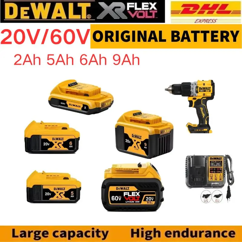 

100% Original 20V/60V 2Ah 5Ah 6Ah 9Ah MAX Battery Power Tool Replacement For DeWalt 20v Battery+electric drill+Charger