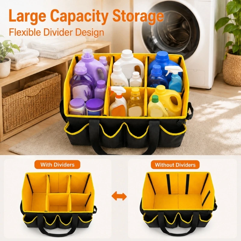 Cleaning Supply Storage Bag with Interior Separators, Exterior Pockets, and Carry Handles for Household or Office Cleaning M4YD