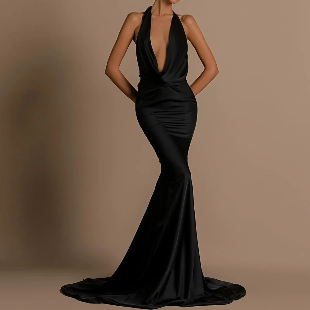 

Customized Fashion Halter Pleats Crystal Beading Backless Evening Dress Modern Mermaid Satin Black Party Gown vestidos de fiesta