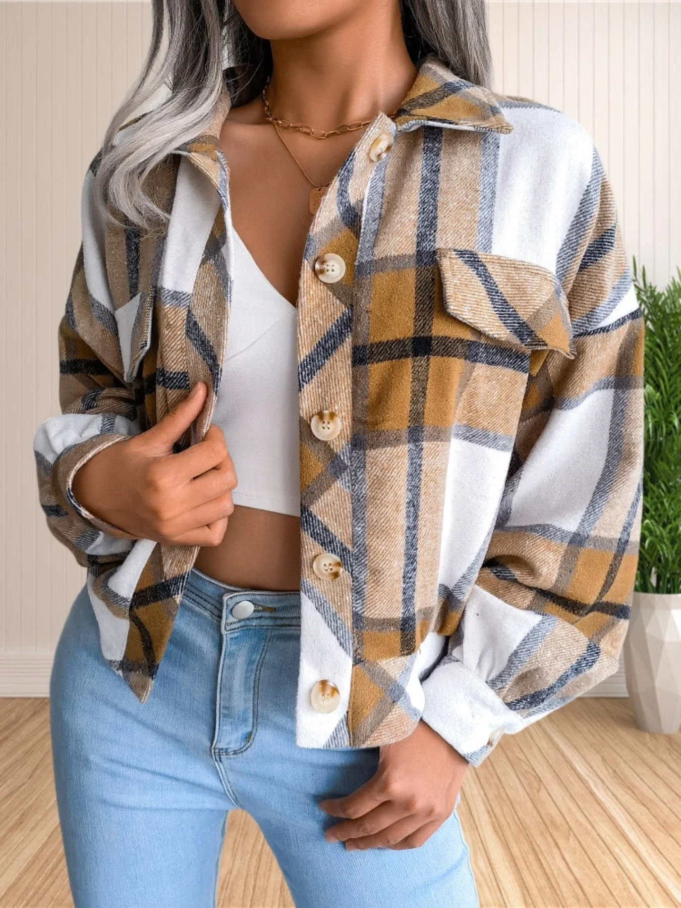 Womens Fashion Crop Button Down Flannel Plaid Shirt Shacket Jacket Top Coat