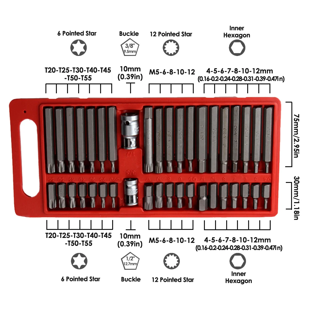 40Pcs 1/2in 3/8in Adaptor Drive Shank Hex Torx XZN Spline Star Impact Socket Set Metric Socket Set Ratchet Driver Socket Wrench