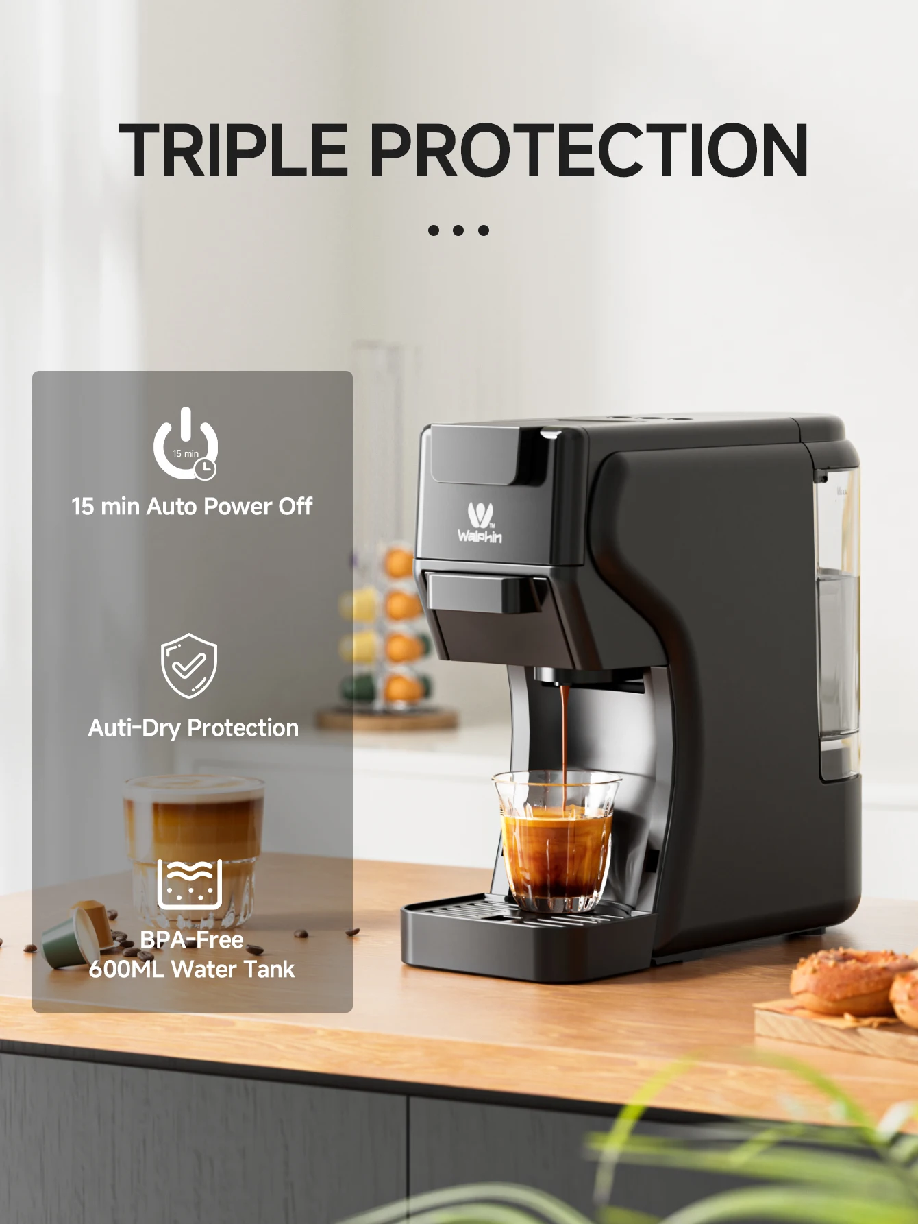 Walphin Coffee Machine 3 in 1 Capsule Coffee Machine Semi-Automatic Espresso Machine 0.6L Removable Water Tank