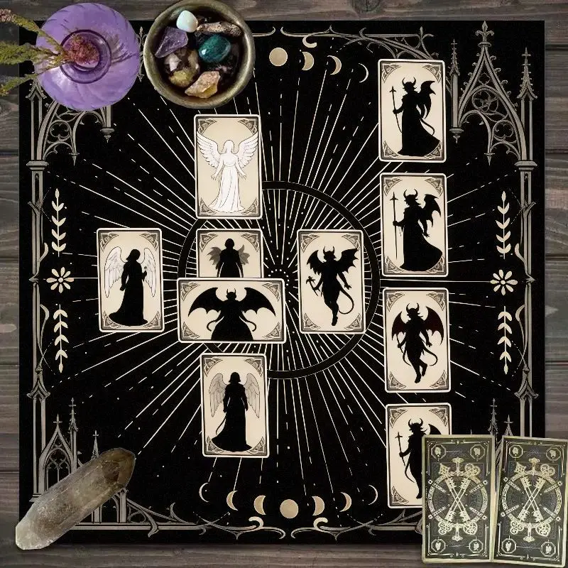 VIKAMA Gothic Angel Demon Tarot Table Cloth Black Moon Phase Altar Cloth Witch Divination Layout Pagan Ritual Table Decor
