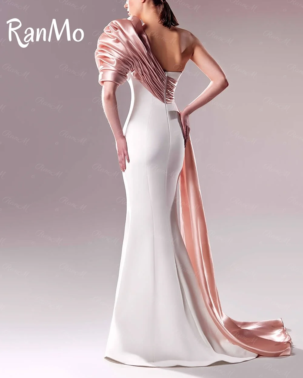 Ranmo Customized Exquisite high quality Formal Dress One-Shoulder Sheath Gown With Sweep Train pleat stitching color Prom Gowns