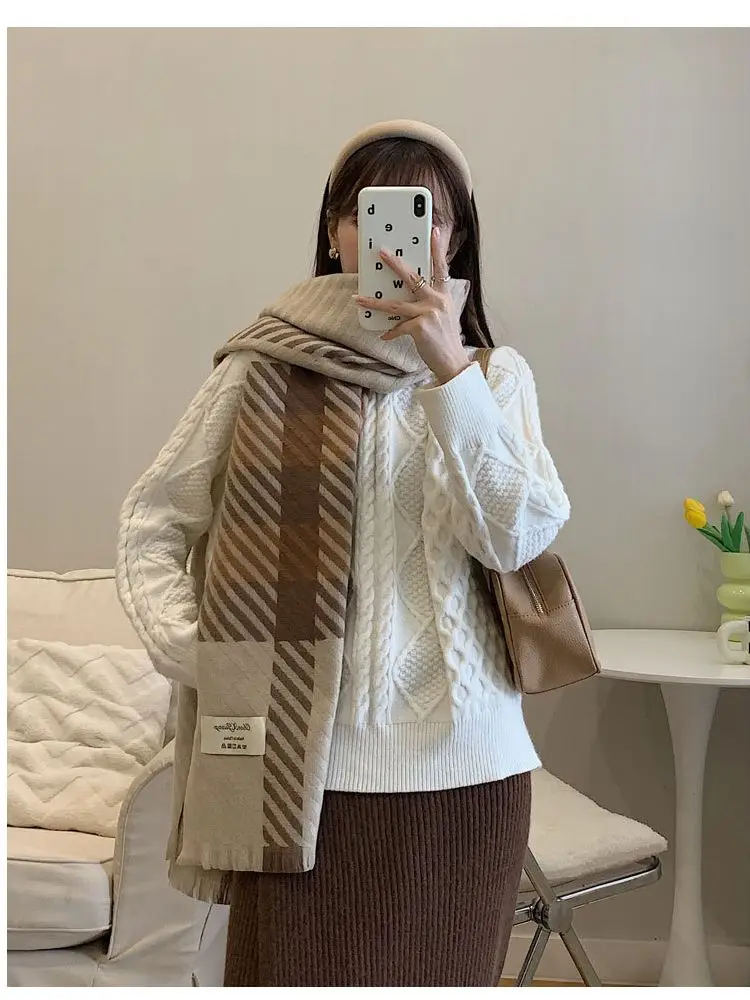 

College Style Striped Imitation Cashmere Scarf Woman Winter Korean Cold-proof Couple Scarf Thickened Shawl Women's Outer Wear