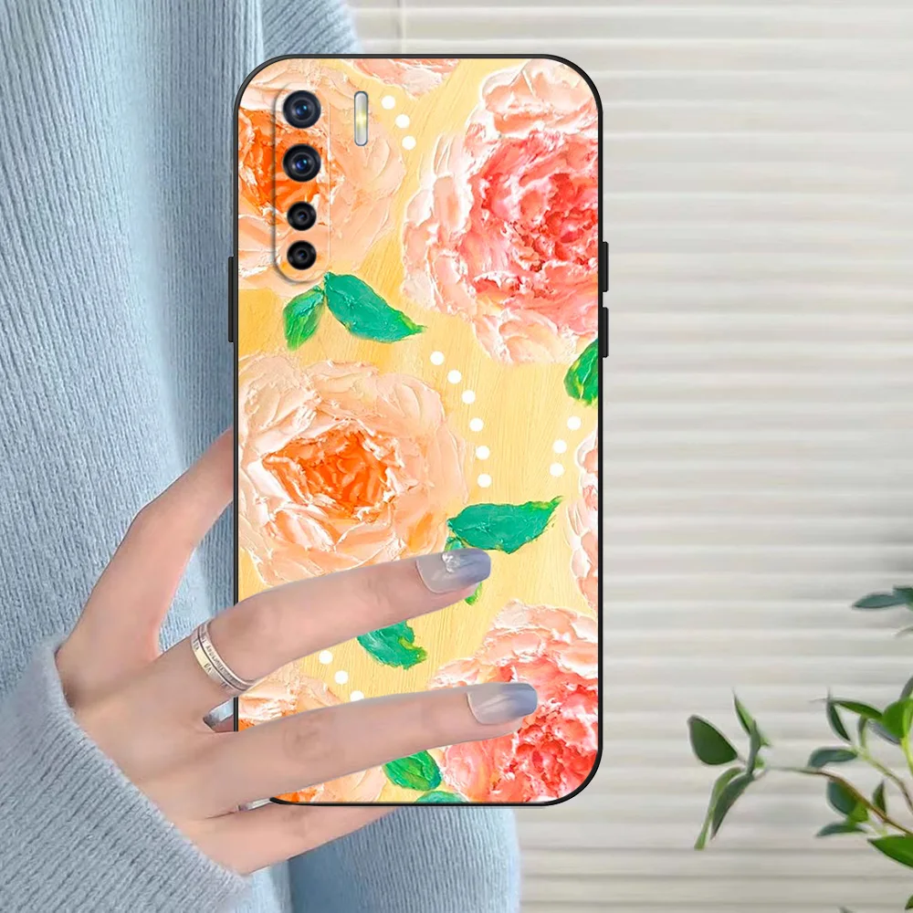 Black Tpu Case For OPPO A32 A33 A53 A53S A54 A55 A73 A74 A76 A77 A91 A94 A95 A93S A92S 4G 5G romantic lovely flower