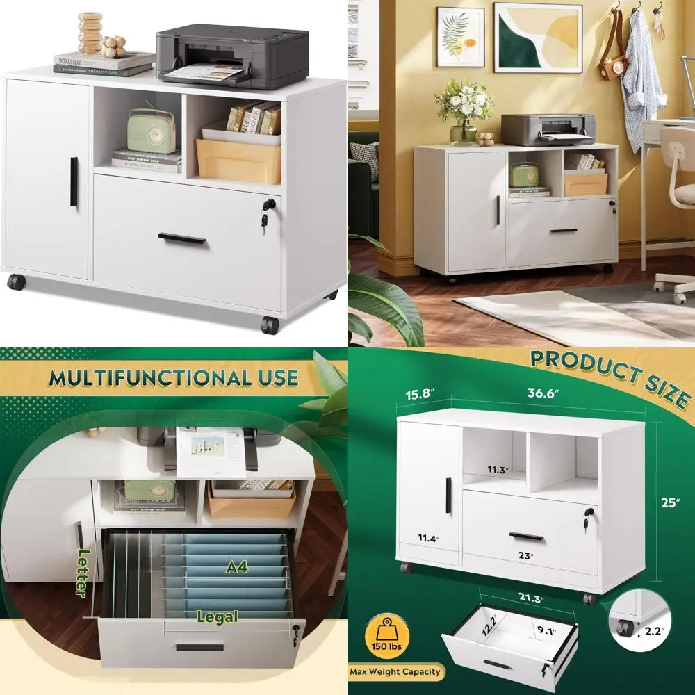 

1-Drawer Wood Lateral Filing Cabinet with Lock and Wheels, Printer Stand Featuring Open Storage Shelves for Office Organization