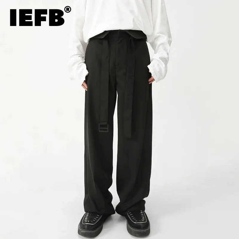 

IEFB Minimalist Men's Suit Pants Casual Belt High Waist Solid Color Bottom Straight Wide Leg Loose Male Trousers New Autumn 9S8