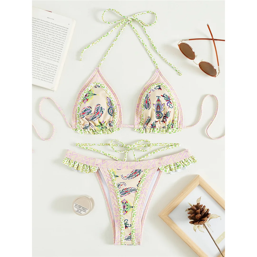 5 Farben, sexy, bedruckter Bikini mit Rüschen, Damen-Badebekleidung, zweiteiliger Bikini, Badeanzug, Badebekleidung, Modell V4651. – Detail 23