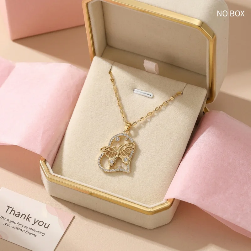 Heart-shaped hollow butterfly elegant collarbone necklace, sweet and versatile, light luxury and exquisite, suitable for daily w