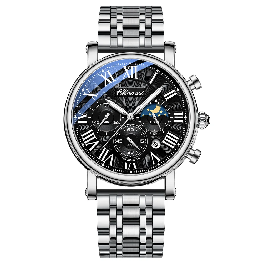 

CHENXI деловые модные часы для мужчин, многофункциональные кварцевые часы, круглый серебряный циферблат, ремешок из нержавеющей стали, мужские наручные часы