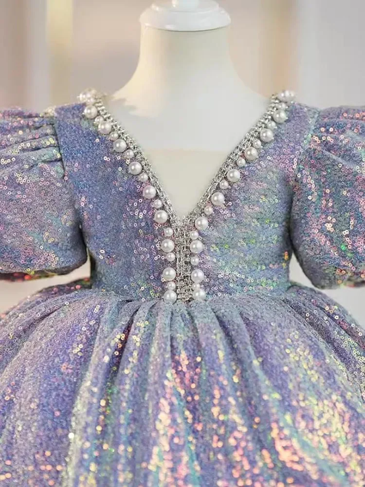 Kids Catwalk Princess Ball Gown Wedding Birthday Party Girls Sequined Dress A3808 Vestidos Para Niñas Bridesmaid Dresses