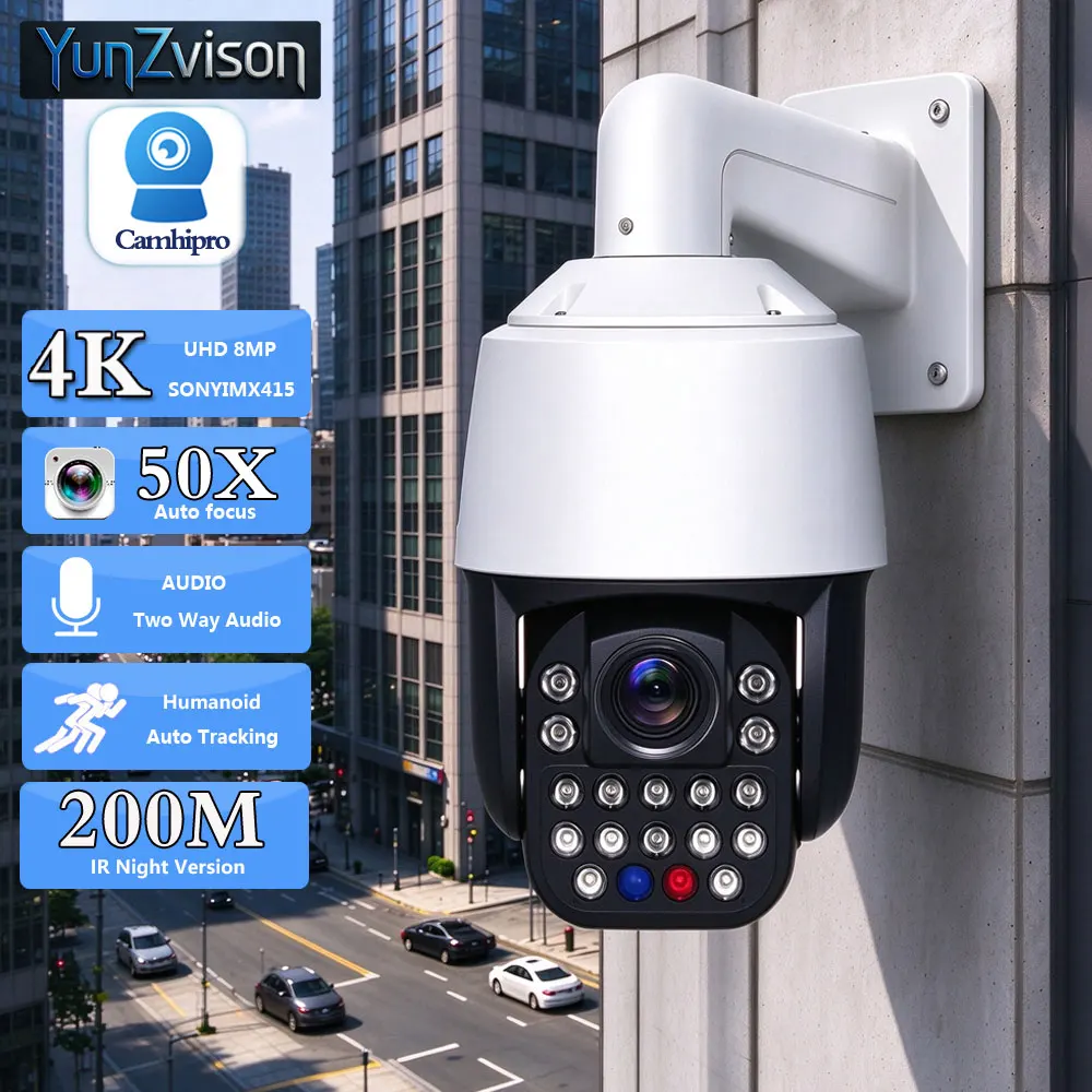 4K 8MP 50X Zoom Security IP Camera Surveillance PTZ Dome Human Auto Tracking Laser LED IR 200M Two Way Audio