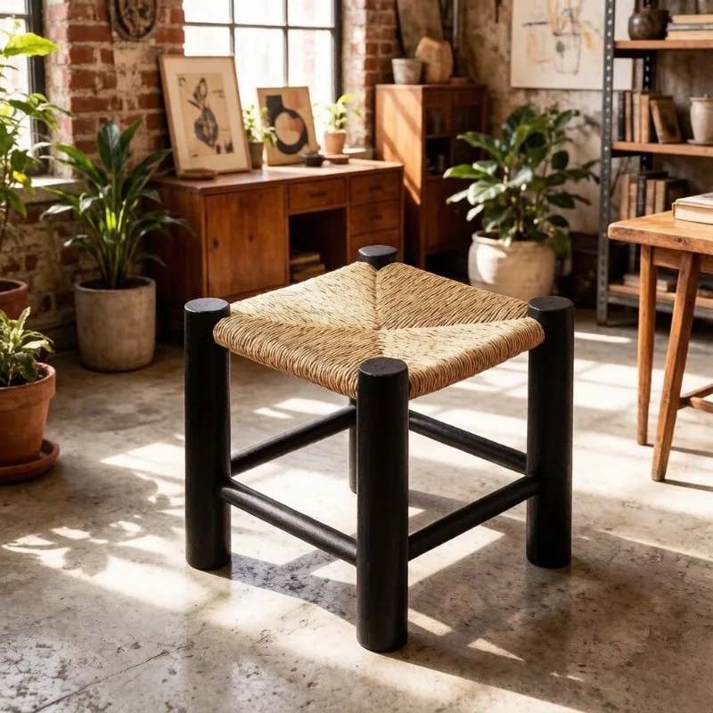 Vintage Rattan Small Bench Solid Wood Footrest Minimalist Entryway Shoe Changing Stool