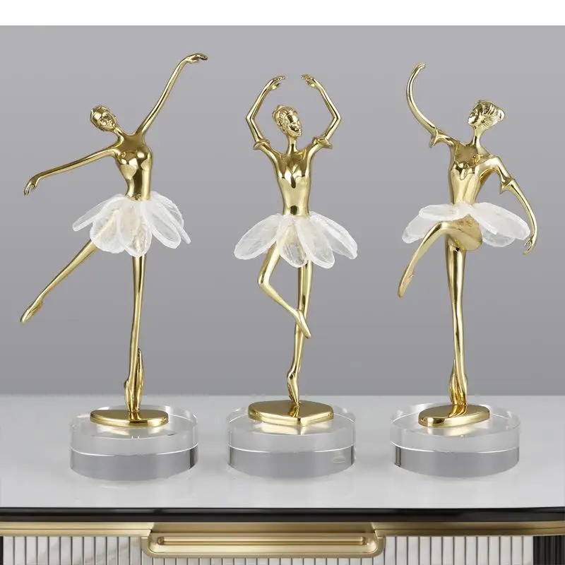 

Golden Ballet Dancer Character Brass Sculpture Crystal Base Creative Ornaments Desk Decoration Crafts Ballerina Figure Statue