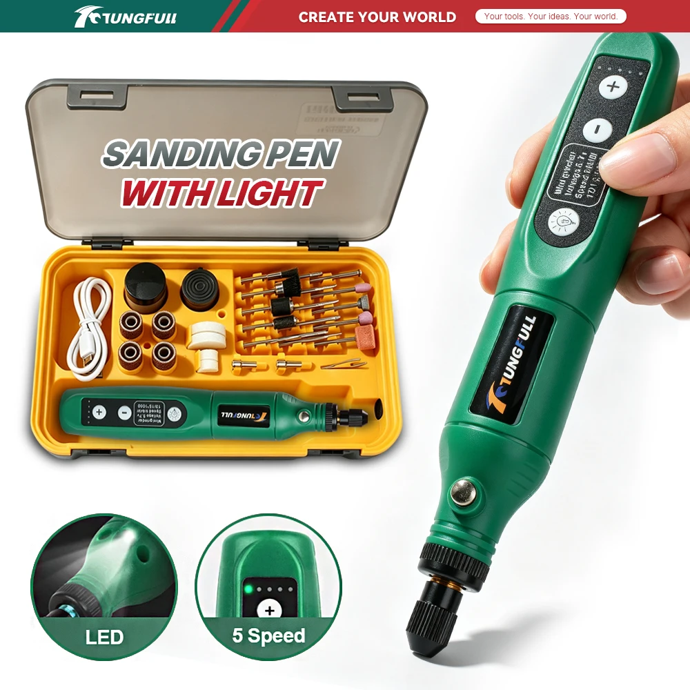TUNGFULL Mini Electric Drill High Power Rechargeable Engraver 5 Speed LED Light for Wood Metal Plastic Grinding Polishing