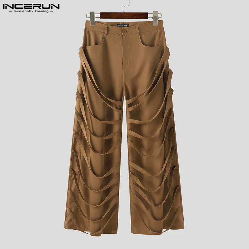 INCERUN 2024 Korean Style Trousers Fashion Men\'s Personality Tie Belt Decorative Pants Stylish Male Straight Leg Pantalons S-5XL