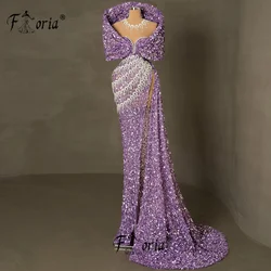 High Event Purple Heavily Beads Mermaid Evening Dresses Sequins Tassels Purple Wrapped Shoulder Wedding Party Gown Dubai Vestido