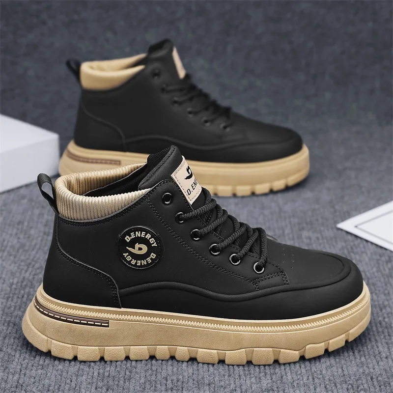 Men's Autumn Winter High-Top Thick-Soled Ankle Boots Trendy Outdoor Workwear Leather Casual Sports Shoes