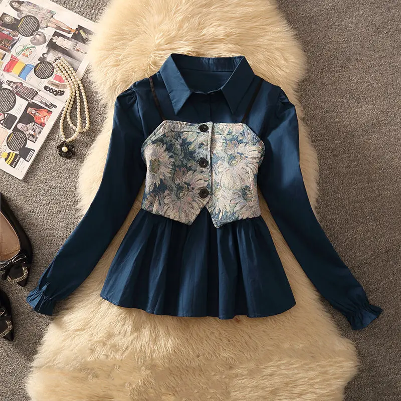 

Casual Fashion White Shirt Women Long Sleeve Fake Two Piece Blouses Spring Autumn Patchwork Gothic Vintage Tops Mujer