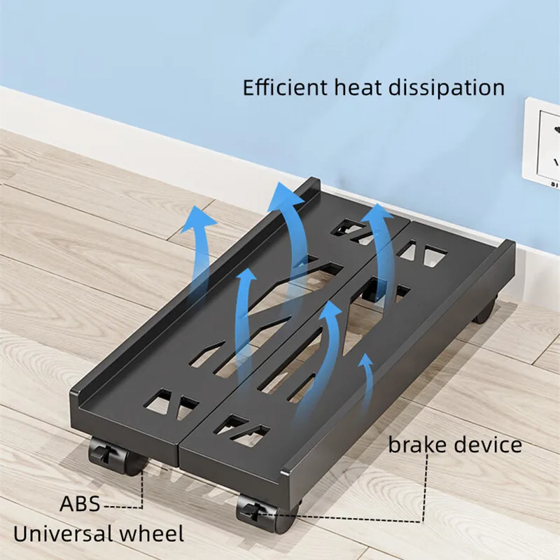 Black White Mobile CPU Stand Adjustable Computer Tower Stand with 4 Caster Wheels Under Desk Holder Ventilated PC Mainframe Rack