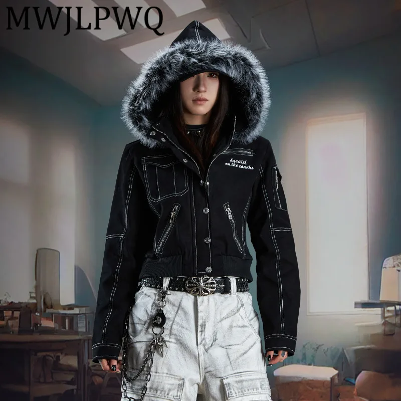 

MWJLPWQ Сверхмощная короткая джинсовая куртка с вышивкой High Street на молнии Съемная шапка с меховым воротником Женские топы с несколькими подкладками 11917