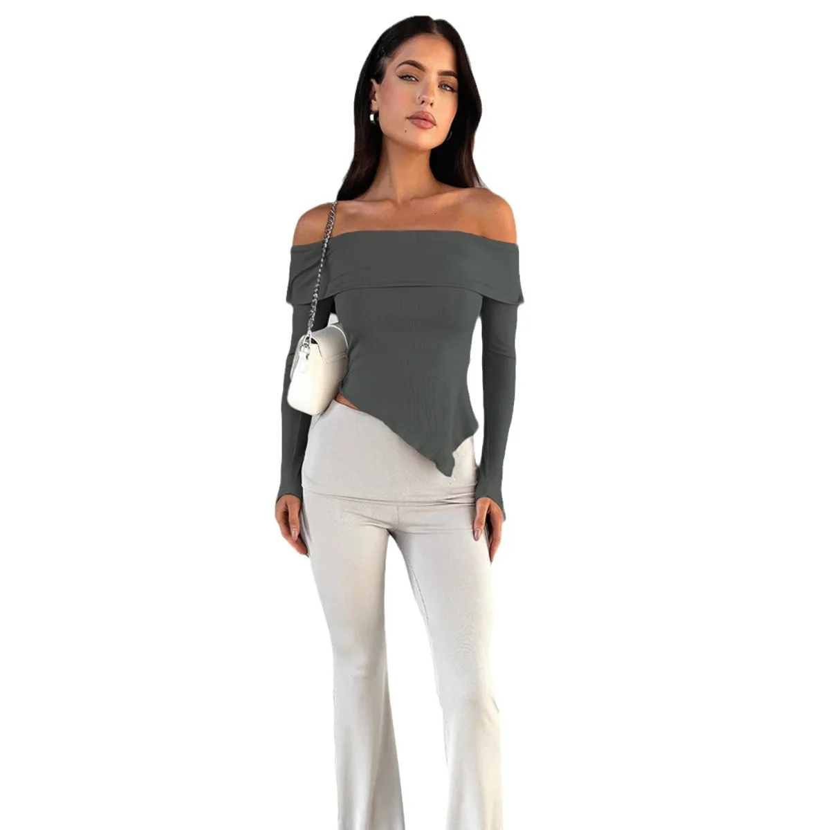 セクシーなワンショルダーロングスリーブトップ、レディース、肩出し、ネラインスプライス、通勤ファッション、オルト丈、カラー