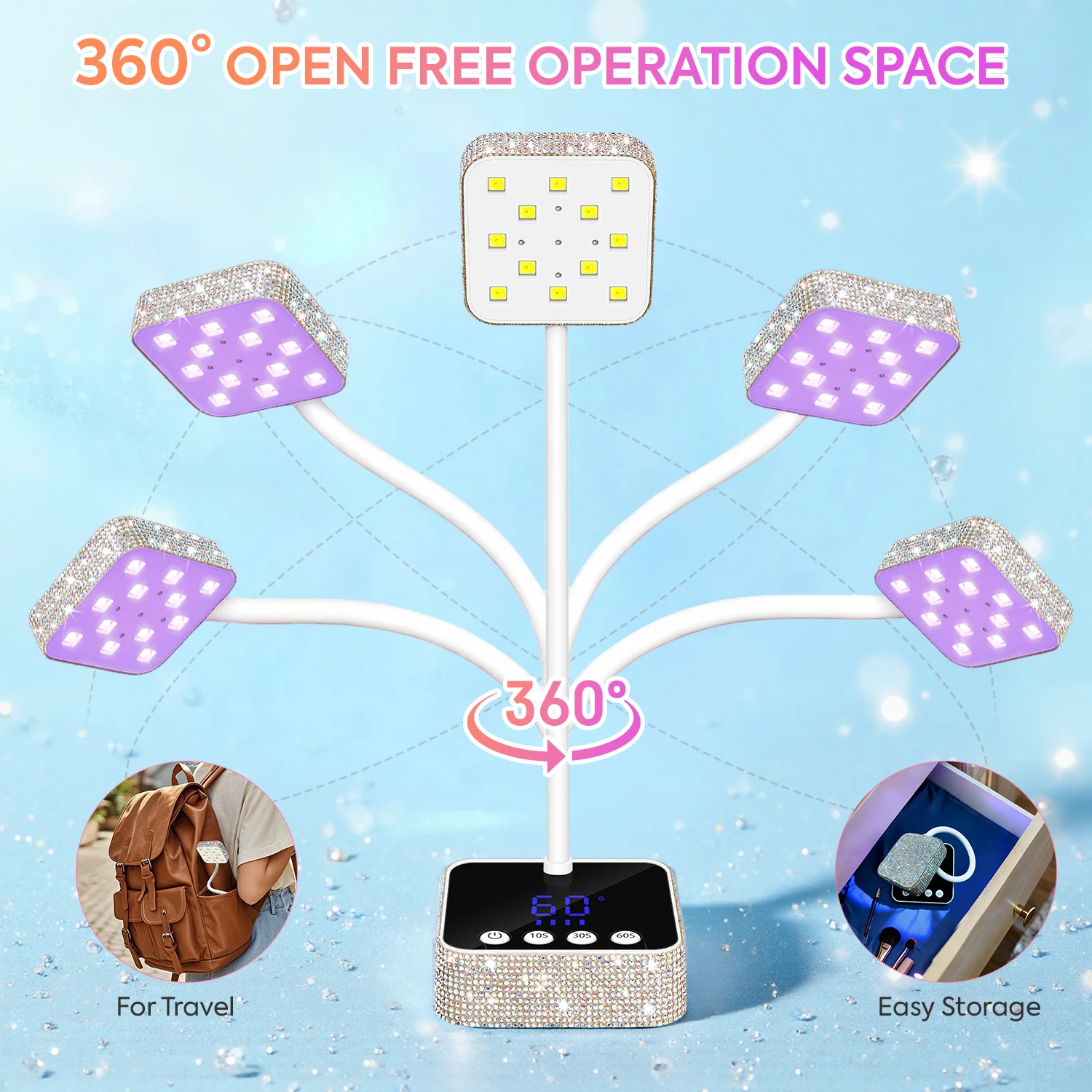 Cordless 360 °   Lampada per unghie UV/LED regolabile – Sensore intelligente, 4 modalità timer e 2 lampade per unghie ad asciugatura rapida, asciugatura rapida delle unghie a polimerizzazione