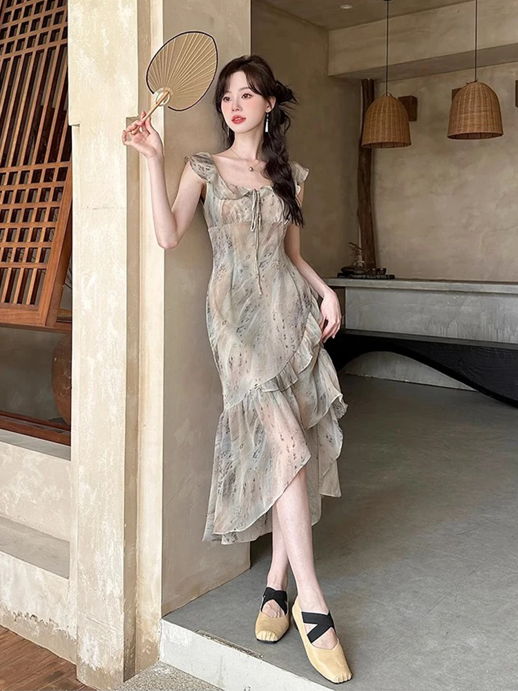 Vestido de Gasa con Estampado Floral de Verano, Cuello Cuad, Cintura Alta, Estilo Coreano, Vestido Largo para Mujer