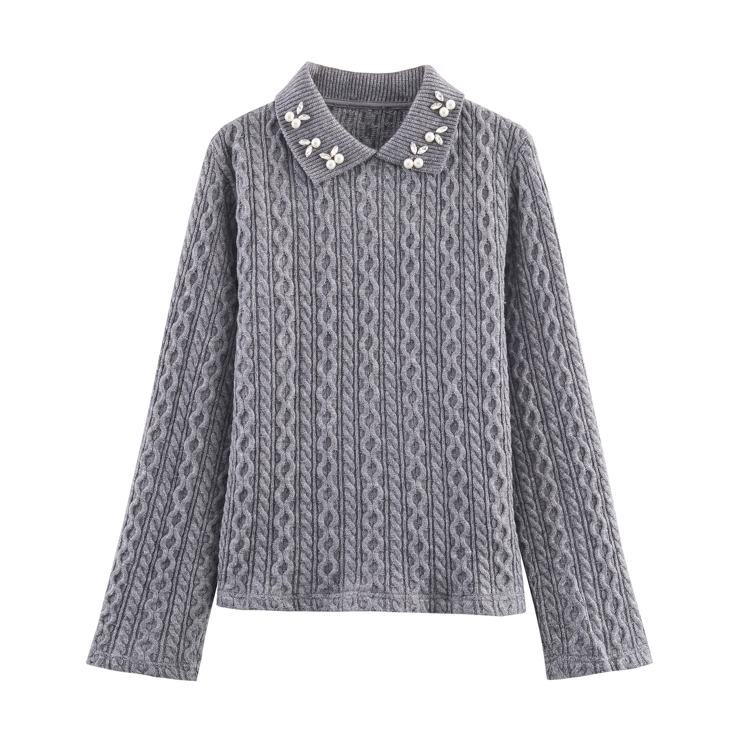 Europejski i amerykański styl, nowa kolekcja jesień-zima 2025, modny, elegancki sweter z dzianiny o sześcio- lub ośmiowarstwowej strukturze, ozdobiony biżuteryjnie dekoltem.