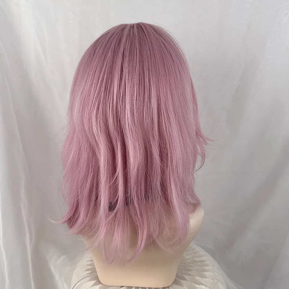 Lolita Cosplay Pink Wig Mullet Head Synthetic Short Straight Women Fluffy Wig Heat Resistant for Daily Party