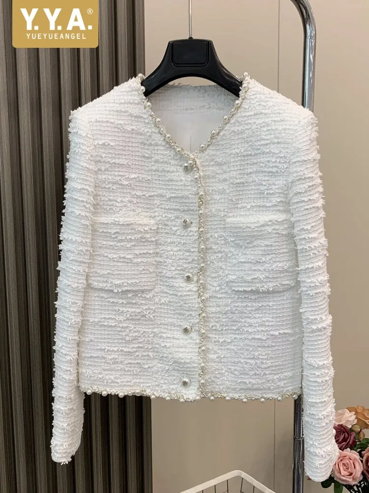 Autumn New Women Pearls Beading Tweed Jacket Single Breasted Office Ladies Work Casual Twill Coat Elegant Party Outwear Jackets