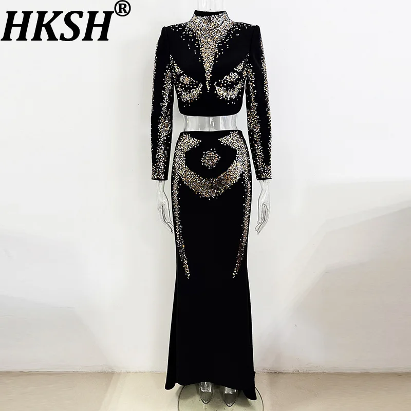 

HKSH Women Luxury Two-piece Set Sequined Long Sleeves Back Zipper Short Tops Slim Fit Elegant Mermaid Skirt Spring Autumn HK5628