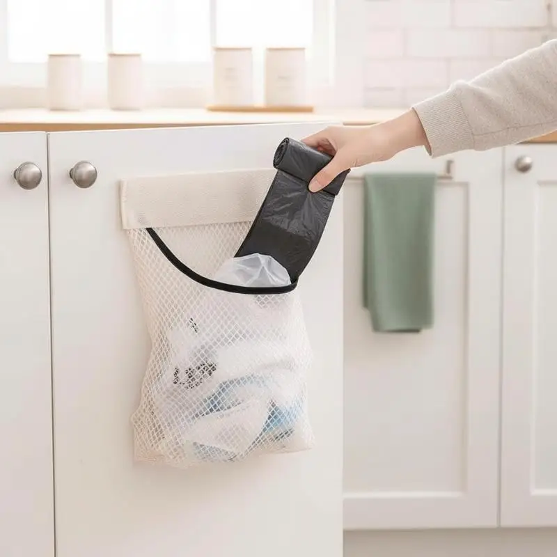 Wall-Mount Mesh Storage Bag Adhesive Sticky Back Plastic Bag Holder Organizer for Kitchen Cabinet