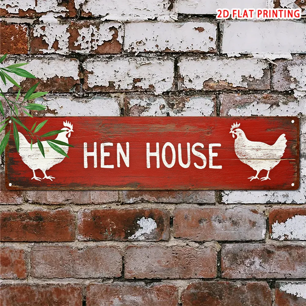 2D Flat, 1pc Vintage Hen House Metal Tin Sign - Farmhouse Chicken Coop Wall Decor with Hens & Eggs, Rustic Metal Plaque