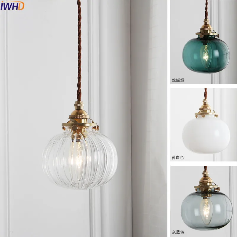 IWHD Nordic Glass Ball Pendant Light Fixtures Dinning Living Room Copper Vintage Pendant Lamp Hanging