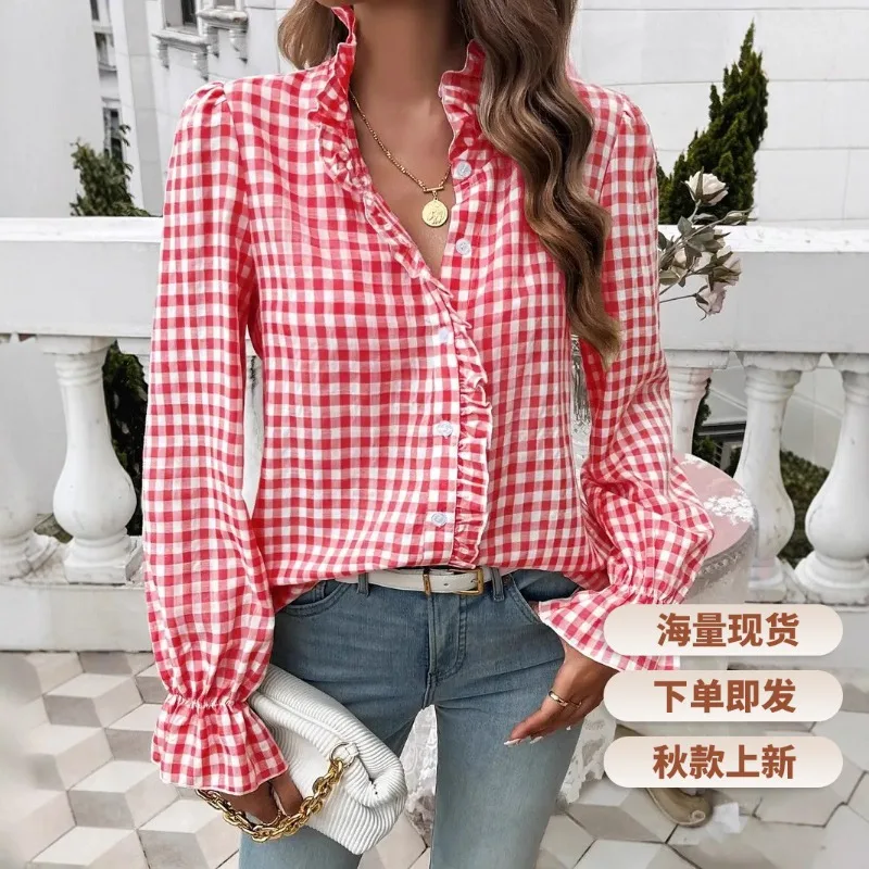

Клетчатые женские блузки, французские рубашки, модные свободные весенне-летние повседневные костюмы, съедобные женские топы с длинными рукавами и грибком дерева