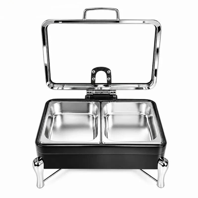 for Stainless Steel Insulation Pot Luxury Black Buffet Display Tray with Hydraulic Cover Large Capacity Catering
