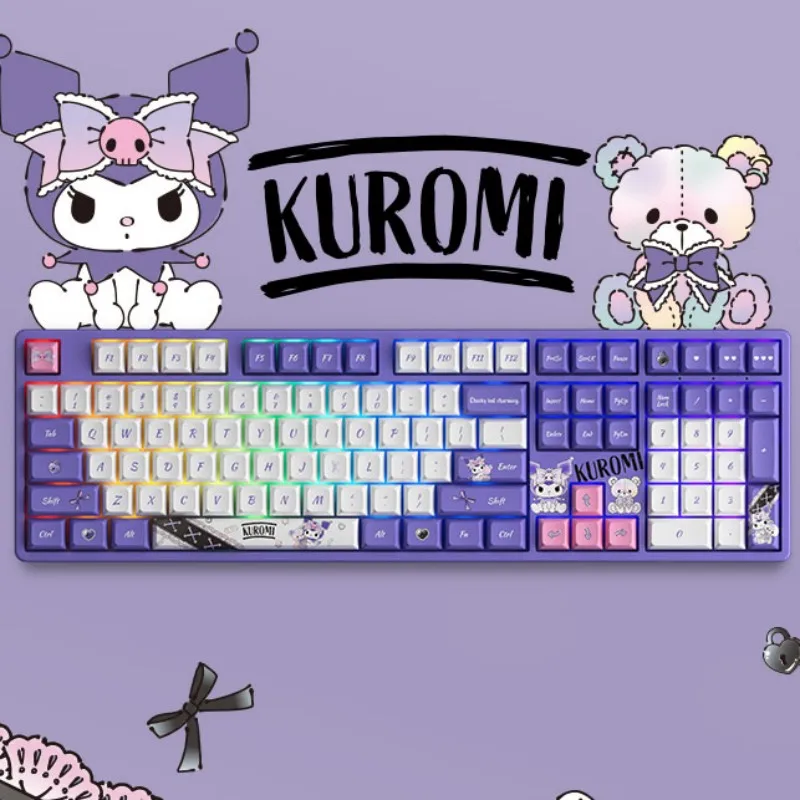 108key Sanrio Kuromi Bluetooth Wireless Keyboard Three Mode Rgb Hot Plug Anime Cartoon Backlight Mechanical Gaming Keyboard